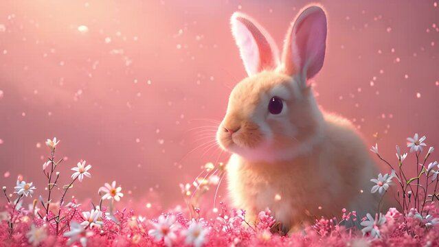 Happy Easter bunny sparkling in spring nature. colorful rabbit. Sparkle glitter texture. Happy easter rabbit in nature. 4k video. Copy space
