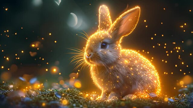Happy Easter bunny sparkling in spring nature. colorful rabbit. Sparkle glitter texture. Happy easter rabbit in nature. 4k video. Copy space