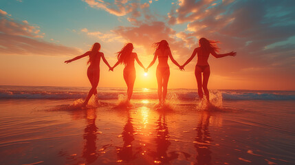 Women holding hands, running towards the ocean at sunset