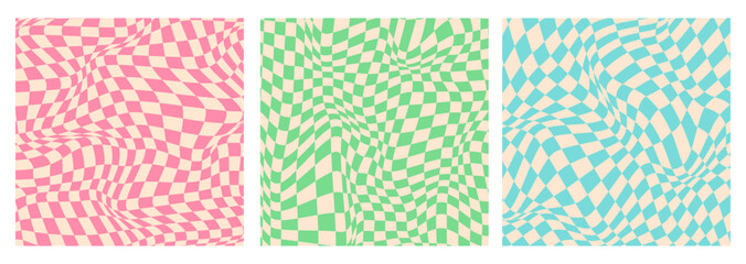 Set of groovy hippie 70s style backgrounds. Chessboard and twisted pattern. Vector psychedelic abstract grid fun wallpaper. Retro style design for print on textile, paper, social media or web design.