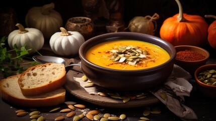Creamy Pumpkin Soup Served in a Dark Bowl With Fresh Herbs and Butter