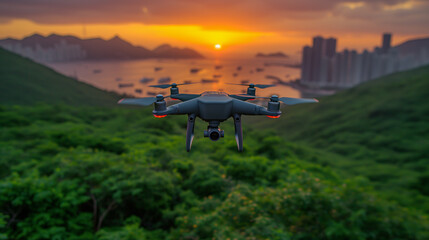 Fototapeta na wymiar Drone flying at sunset