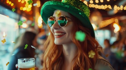 Festive joy on St. Patrick's Day. Exuberant young woman with red hair celebrating, adorned in green festive gear - obrazy, fototapety, plakaty
