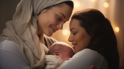 LGBTQ and diverse mothers. Caucasian and middle eastern female lesbian couple hugging newborn baby - Powered by Adobe