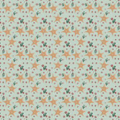 seamless pattern marine animals, corals, plants, starfish 