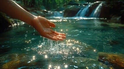 A gentle hand delicately touches the flowing river water
