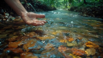 A gentle hand delicately touches the flowing river water
