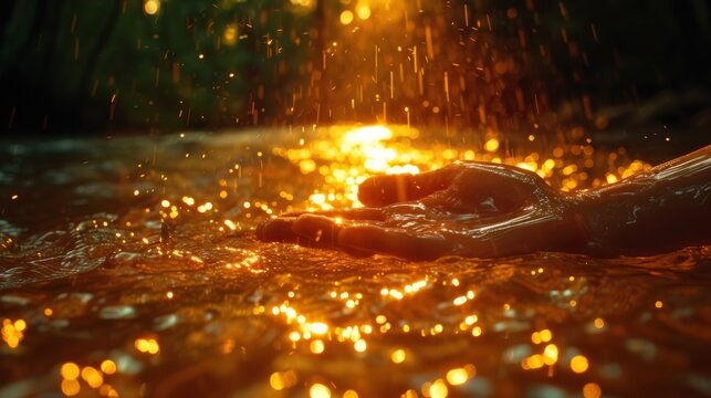A gentle hand delicately touches the flowing river water
