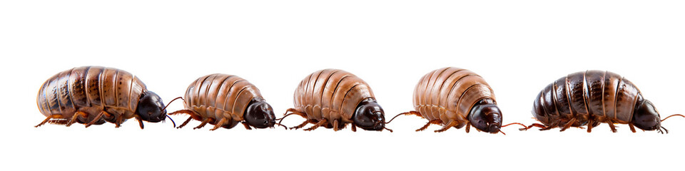 Five woodlouse crawling, png file of isolated cutout on transparent background - obrazy, fototapety, plakaty