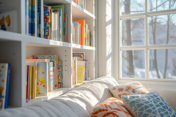 White wooden bookshelves filled with colorful children's books. Interior and design of modern bright and spacious children's room with big window and cozy pillows.