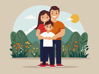 Familly outdoor in nature. Hugging. Son, mother and father. Happy, hiking, walking in a park. Simple flat designF. Nature background. Hills flowers, trees. Happy family, love, time together. 
