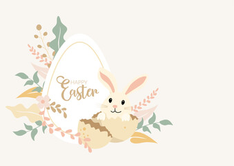 Happy Easter banner, poster, greeting card. Easter design in pastel colours with bunny, eggs and plants, flowers. Egg shape with typography Happy Easter. Sitting bunny in broken egg. 
