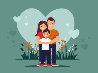 Mum, dad and son hugging . Family love, nature, heart background. Valentines. Nature background. Big green heart. Love for nature. 