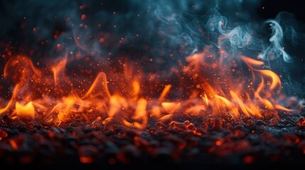 Fiery flames and billowing smoke emerge from a charcoal grill, prepared for a barbecue
