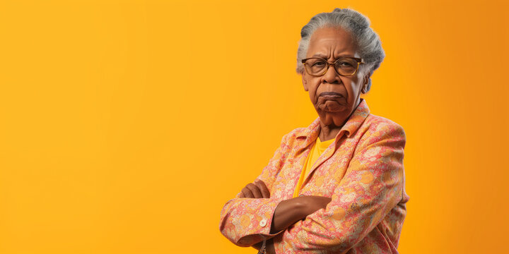 Grumpy Senior Black Woman Looking At Camera With Resentment And Disapproval, On Solid Background With Copy Space.