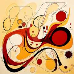 An abstract design with various strokes and swirls, in the style of light yellow and dark red, vibrant cartoonish, playful shapes, colorful curves, sgrafitto, simplified forms and shapes, 1:1.