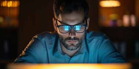 Focused man wearing glasses looking at laptop at night. Screen light reflecting in man's glasses. Working late at evening.