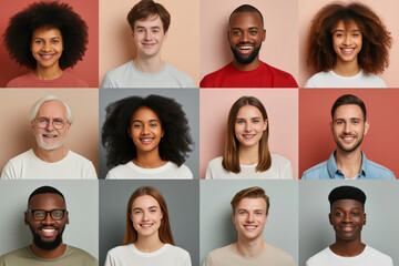 Many diverse ethnicity different young and old people group headshots in collage. Lot of smiling multicultural faces looking at camera.