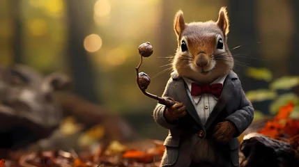 Foto op Plexiglas A dapper squirrel sporting a tweed jacket and bowtie while holding a tiny cane ©  ALLAH LOVE