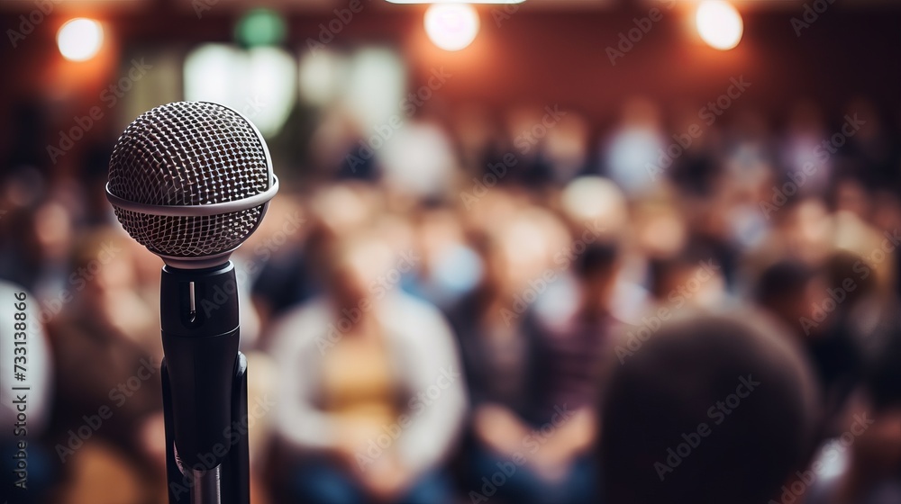 Poster close-up of a microphone in front of a blurred background audience with copy space. concert, present