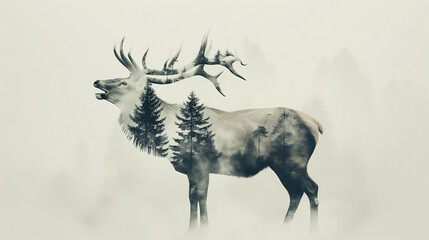 Forest Inside Deer Silhouette, Artistic Double Exposure Effect, Nature and Wildlife Concept Illustration