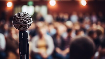 Close-up of a microphone in front of a blurred background audience with copy space. Concert, Presentation, Business seminar concepts. - Powered by Adobe