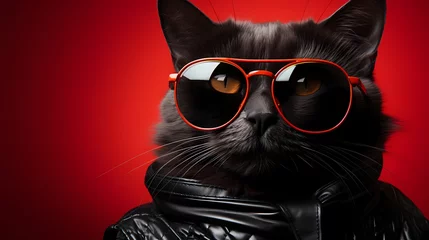 Tuinposter A fashion-conscious cat rocks a casual yet stylish look, complete with denim and trendy sunglasses, against a vivid red backdrop. Its modern style and cute appeal are truly captivating ©  ALLAH LOVE