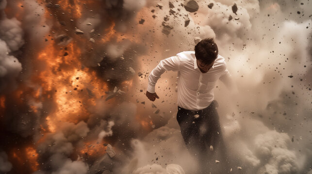 Dramatic Image of Man Running from Explosion and Debris in Urban Setting