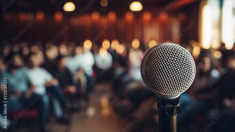 Poster close-up of a microphone in front of a blurred background audience with copy space. concert, present