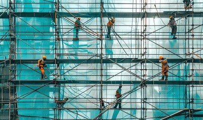 Workers group on scaffolding renovating a house.