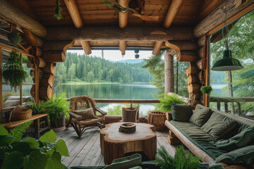 log veranda with wooden furniture, many plants and views of the forest lake