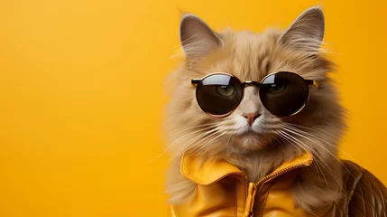 Tuinposter A fashionable cat showcases its individuality in a vibrant outfit and stylish glasses against a solid bright yellow background. Its unique style and cute demeanor make it a standout  ©  ALLAH LOVE