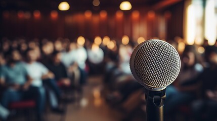Close-up of a microphone in front of a blurred background audience with copy space. Concert, Presentation, Business seminar concepts. - obrazy, fototapety, plakaty