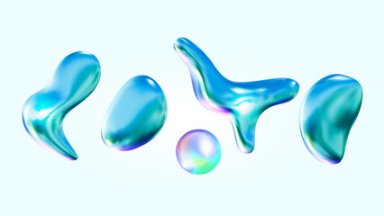Set of electric blue liquid metallic shapes.A collection of vibrant blue liquid droplets on a plain background