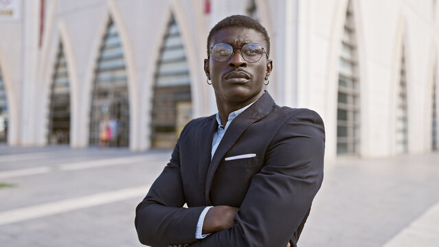 African american man in suit standing with arms crossed on urban city street expressing confidence.