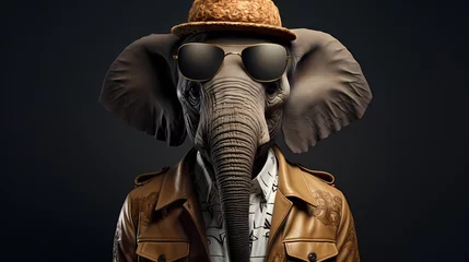 Tuinposter A fashion-forward elephant stands tall in a chic ensemble, complete with a stylish hat and oversized sunglasses. Against a solid background, it showcases its unique flair and modern fashion sense ©  ALLAH LOVE