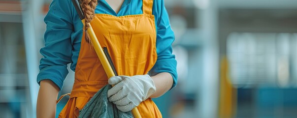 Woman cleaning service in modern company.