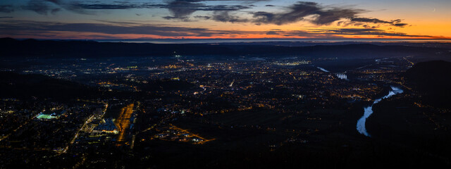 Winter Evening Panorama of Nova Gorica Slovenia and Gorizia Italy with Soca- Isonzo River - obrazy, fototapety, plakaty