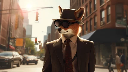 Tuinposter A fashion-forward fox sporting a fedora and a tailored suit, strutting down a city sidewalk with wireless headphones, exuding confidence ©  ALLAH LOVE