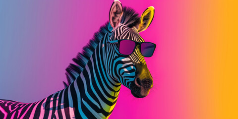 Multicolored neon party zebra wearing sunglasses on vivid background.
