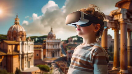 School child wearing virtual reality glasses is studying history with Sights of Ancient Rome in his glasses. Concept of the virtual reality in school education