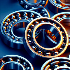 A group of different ball bearings close up on a beautiful blue background with close up reflections. selective focus