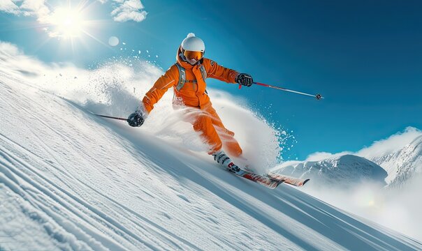 Skier skiing down on a slope against blue sky and mountains