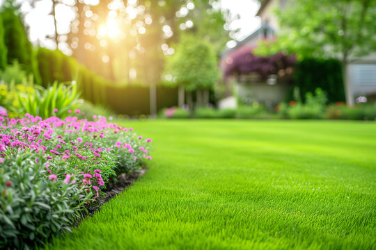 Perfect manicured lawn and flowerbed with shrubs in sunshine, on a backdrop of residential house backyard.