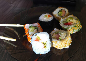 Traditional Japanese food, sushi and rolls.