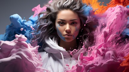 A dynamic pose of a model in streetwear, surrounded by bursts of colorful powder against a pure white background