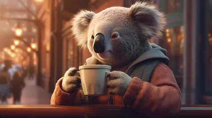 Zelfklevend Fotobehang A fashionable koala in a cozy sweater, sipping coffee at a hip cafe ©  ALLAH LOVE