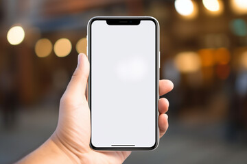 Smartphone mockup in hand. mobile phone with empty screen at blur background. generated by AI