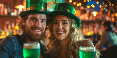 Cheerful couple wearing green hats with glasses of green beer by a bar counter in traditional Dublin pub. Drinking alcoholic beverage. Saint Patrick's Day celebration.
