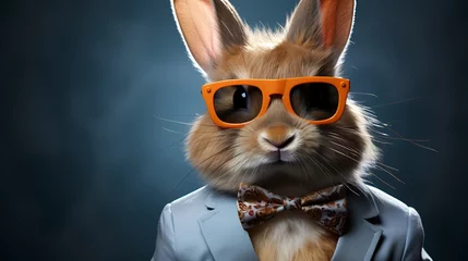 Tuinposter A fashionable rabbit dons a trendy outfit complete with a colorful bowtie and hipster glasses. With a cool demeanor, it strikes a pose against a solid background, showcasing its modern style ©  ALLAH LOVE